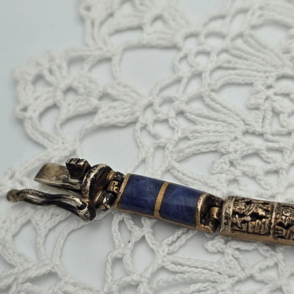 Antique Chinese Export Sterling Silver Gilt Vermeil Filigree Lapis Link Bracelet